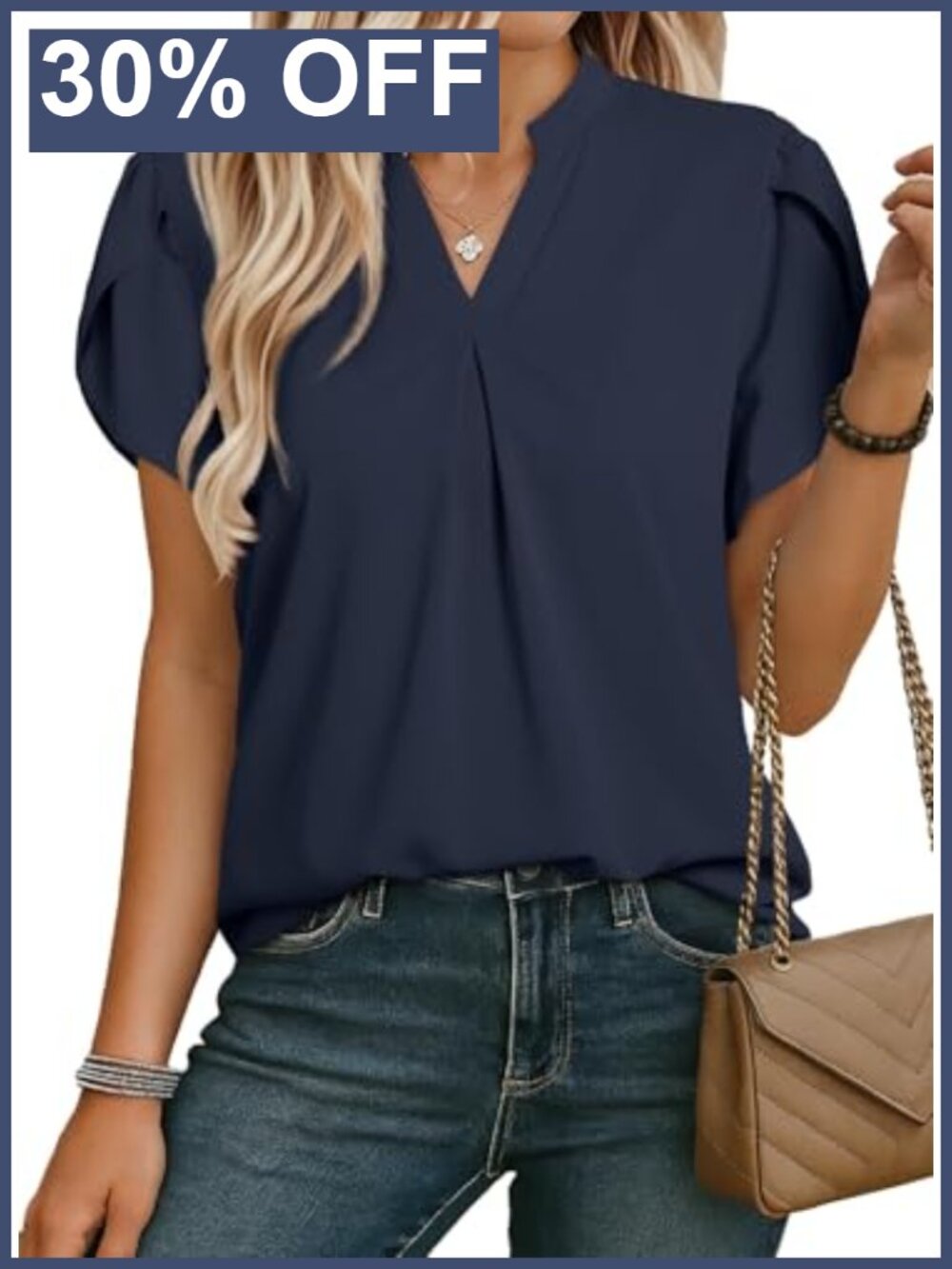 Womens Business Casual Notch V-Neck Petal Sleeve Chiffon Blouse